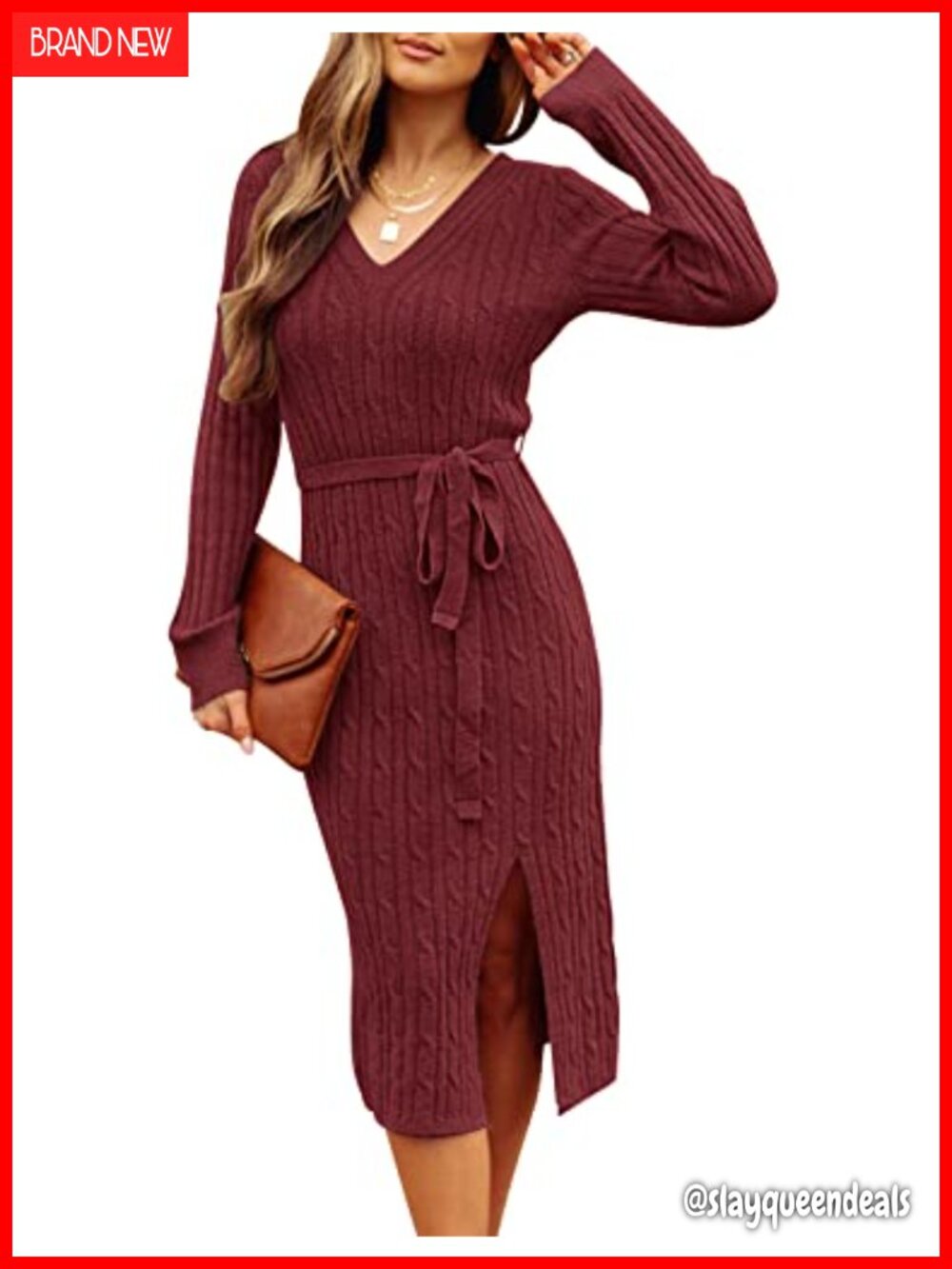 Long Sleeve V Neck Cable Knit Midi Sweater Dress Belted Bodycon